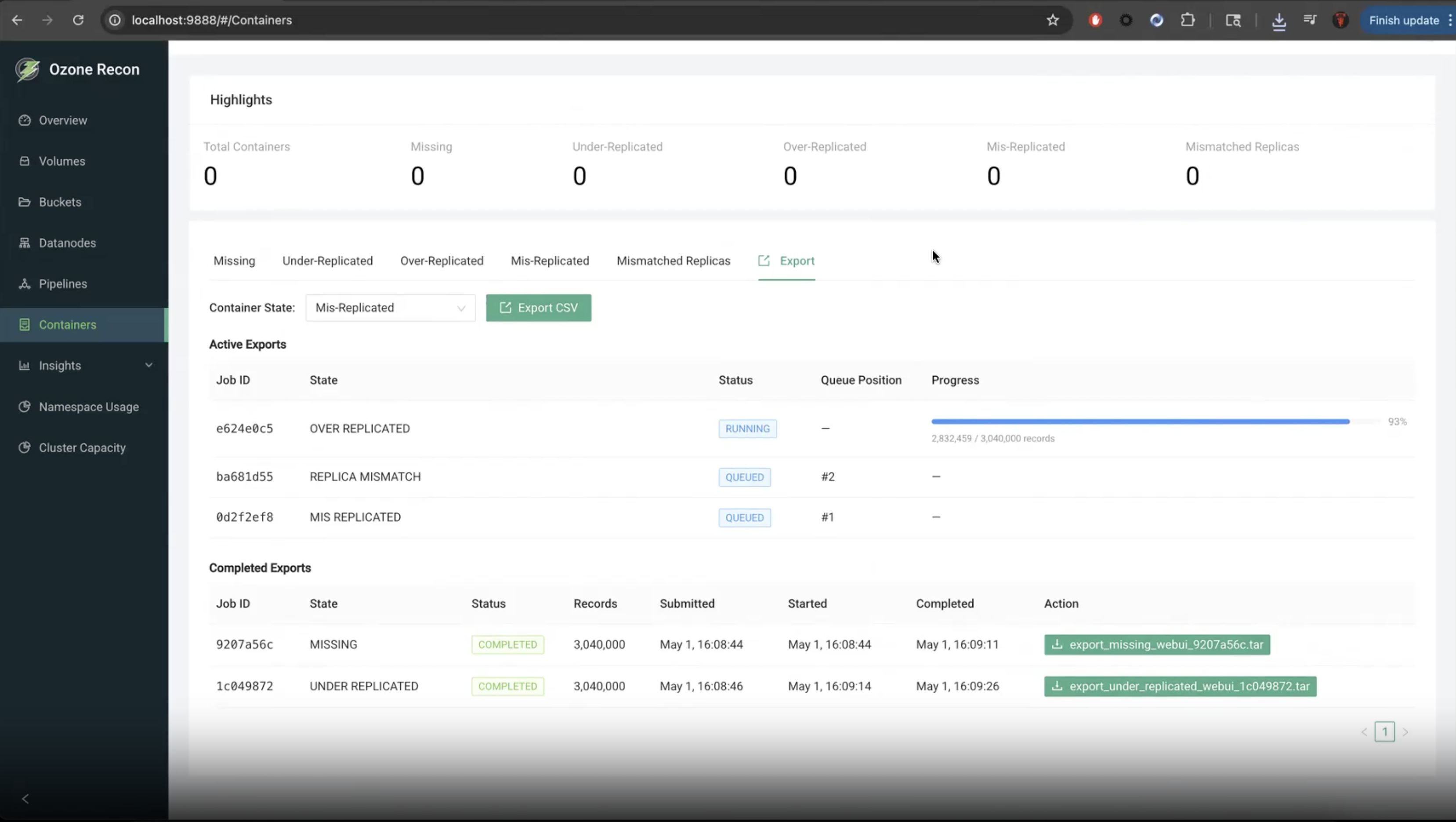 Recon Containers export tab