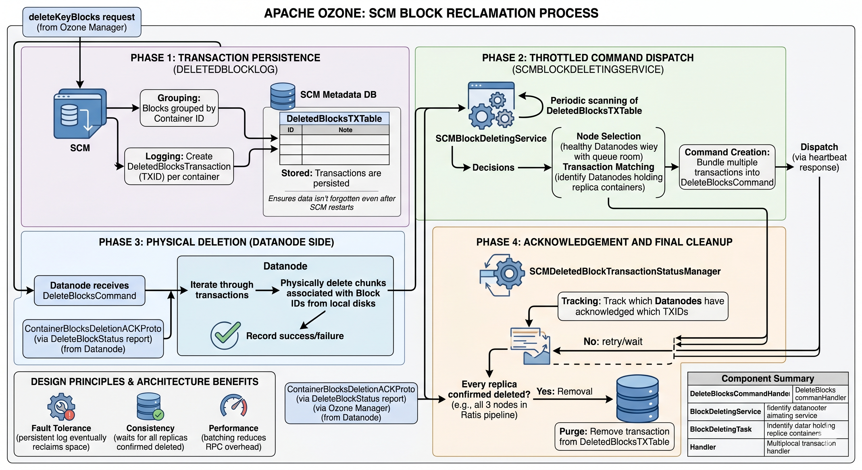 SCM block reclamation: DeletedBlocksTXTable, SCMBlockDeletingService, DeleteBlocksCommand to Datanodes, ACKs, and transaction cleanup
